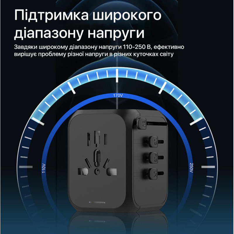 Універсальний адаптер для подорожей USB Type-C Travel Adapter (Чорний)