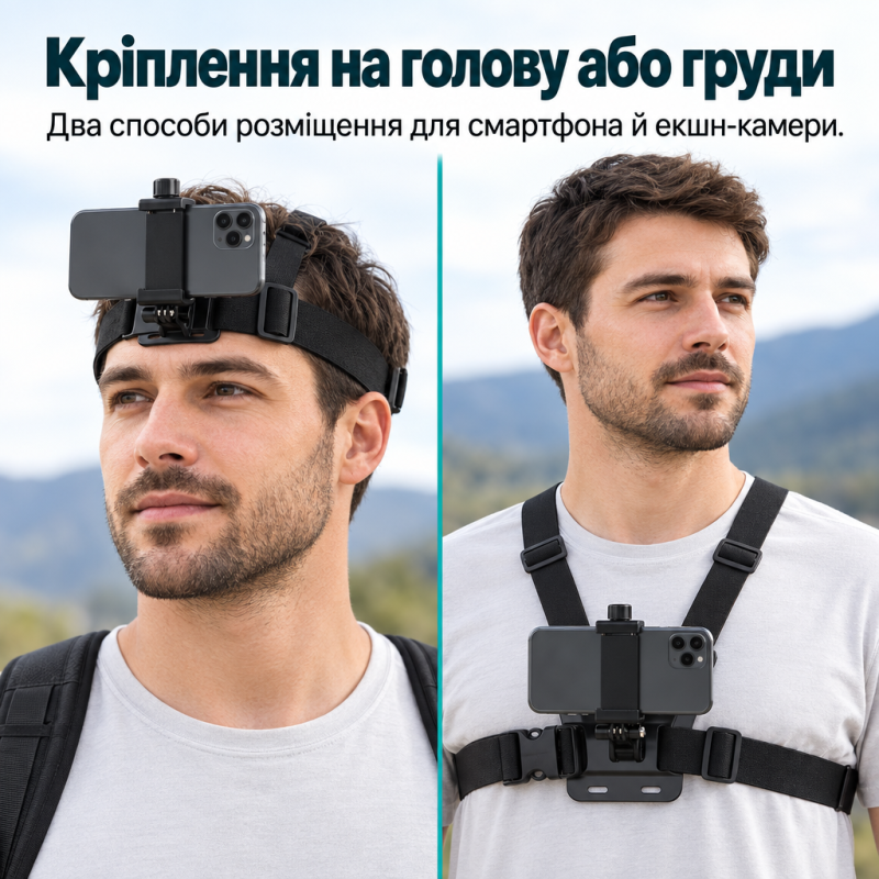Набір кріплень на голову та груди для смартфона й екшн-камери