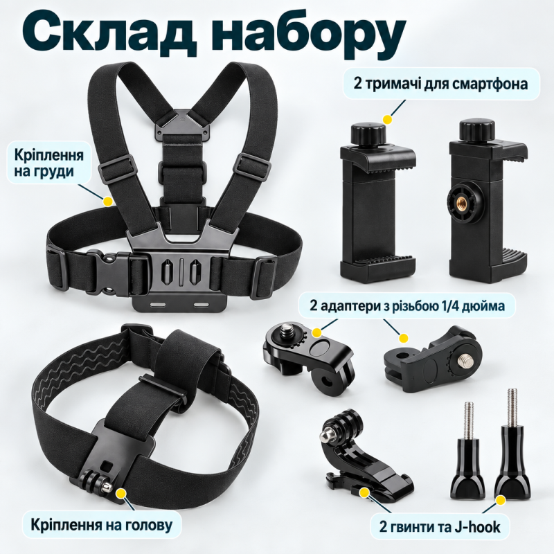 Набір кріплень на голову та груди для смартфона й екшн-камери