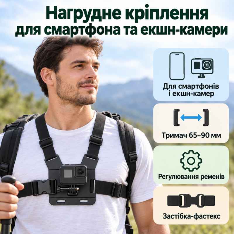 Кріплення на груди для смартфона, GoPro, DJI та інших камер з страхувальною гумовою сіткою