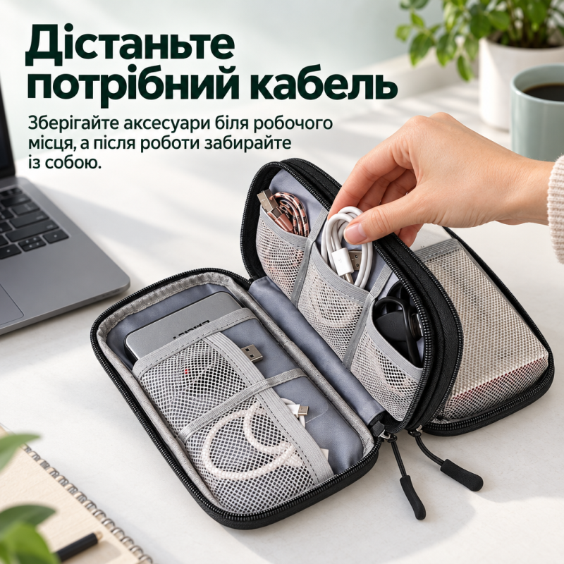 Сумка-органайзер для цифрових аксесуарів, проводів, кабелів, повербанка 2 відділення, 21 × 12 × 6,5 см (Чорний)