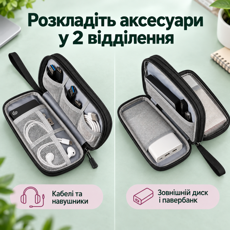 Сумка-органайзер для цифрових аксесуарів, проводів, кабелів, повербанка 2 відділення, 21 × 12 × 6,5 см (Чорний)