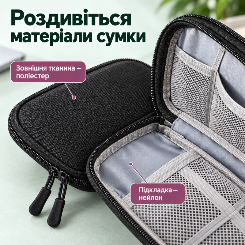 Сумка-органайзер для цифрових аксесуарів, проводів, кабелів, повербанка 2 відділення, 21 × 12 × 6,5 см (Чорний)
