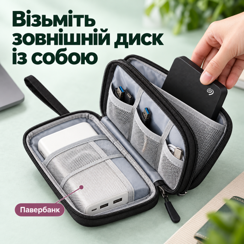 Сумка-органайзер для цифрових аксесуарів, проводів, кабелів, повербанка 2 відділення, 21 × 12 × 6,5 см (Чорний)