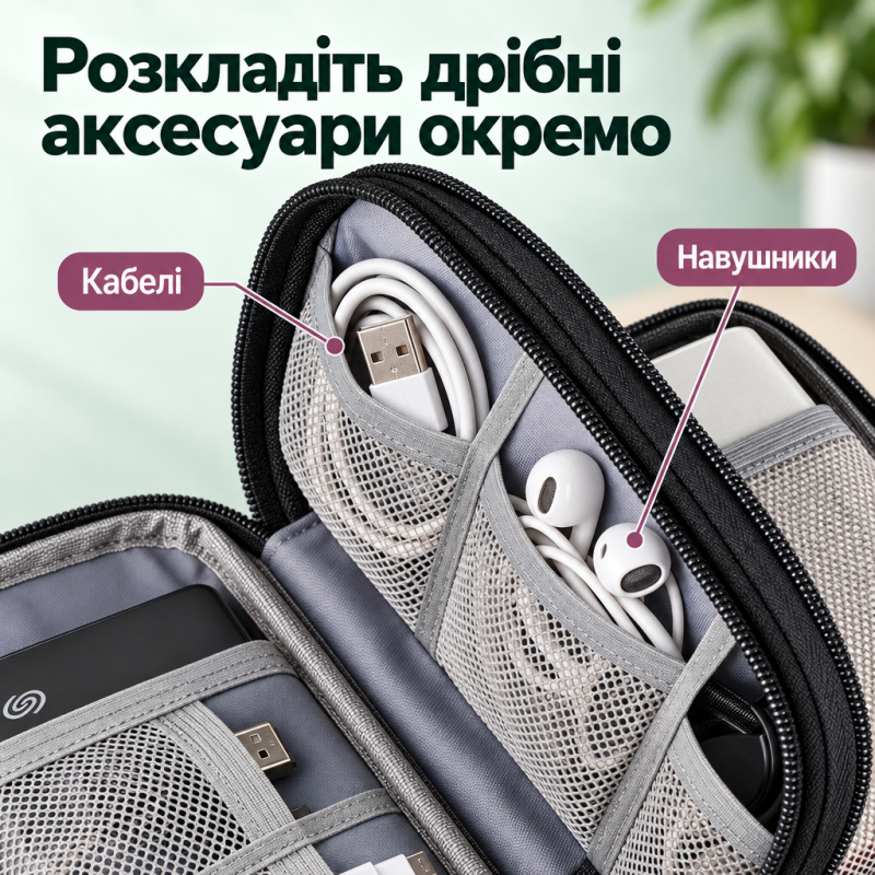 Сумка-органайзер для цифрових аксесуарів, проводів, кабелів, повербанка 2 відділення, 21 × 12 × 6,5 см (Чорний)