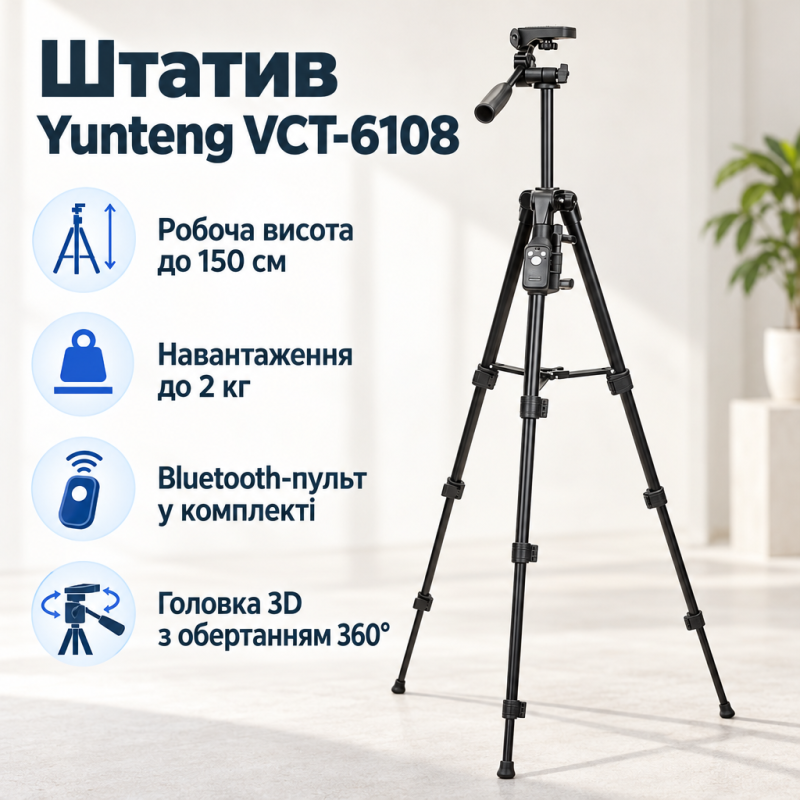 Штатив Yunteng VCT-6108 для смартфона, фотоапарата та DV-відеокамери, 150 см, з Bluetooth-пультом