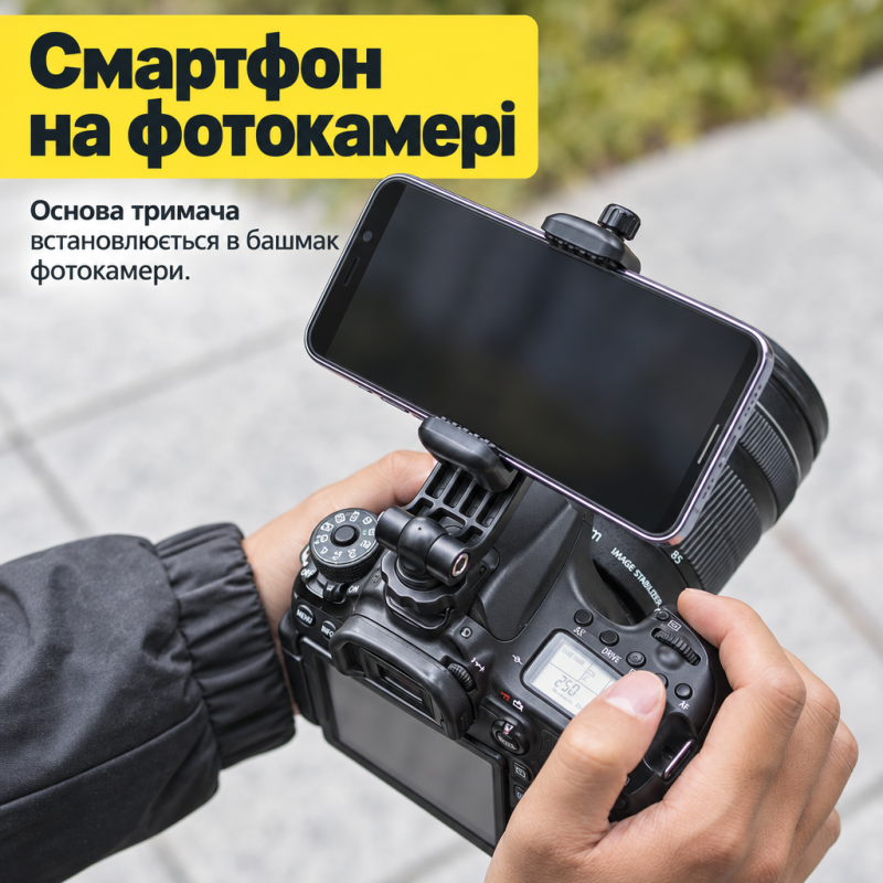 Тримач для телефону на холодний башмак, з різьбою 1/4″ і кріпленням для освітлювача