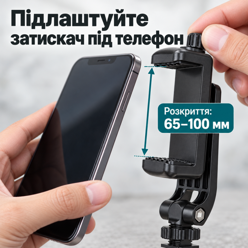 Тримач для телефону на холодний башмак, з різьбою 1/4″ і кріпленням для освітлювача