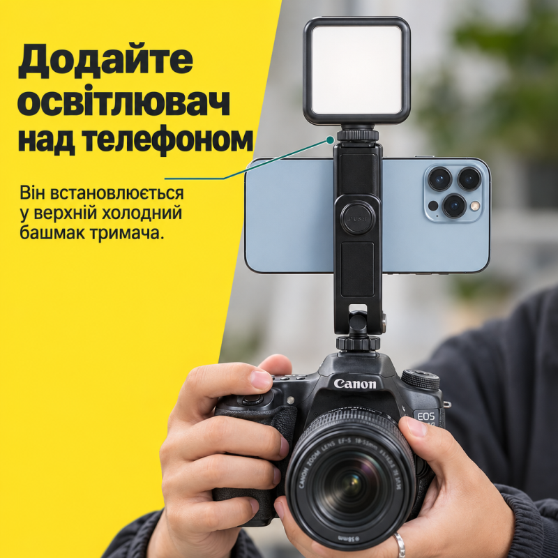 Тримач для телефону на холодний башмак, з різьбою 1/4″ і кріпленням для освітлювача